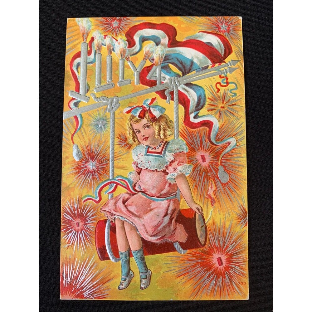 Vintage 1910s Fourth of July Embossed Postcard Firecracker Swing Fireworks